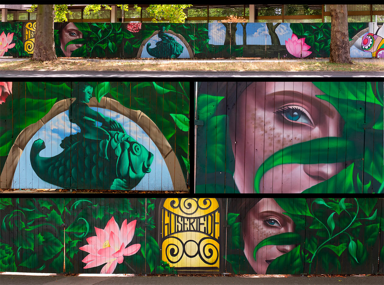 Graffiti-Bauzaun in Hannover (Goseriede) für Meravis mit Porträts, Naturmotiven und ikonischen Sehenswürdigkeiten von Hannover – Wandbild von El Piti, öffentlich sichtbar