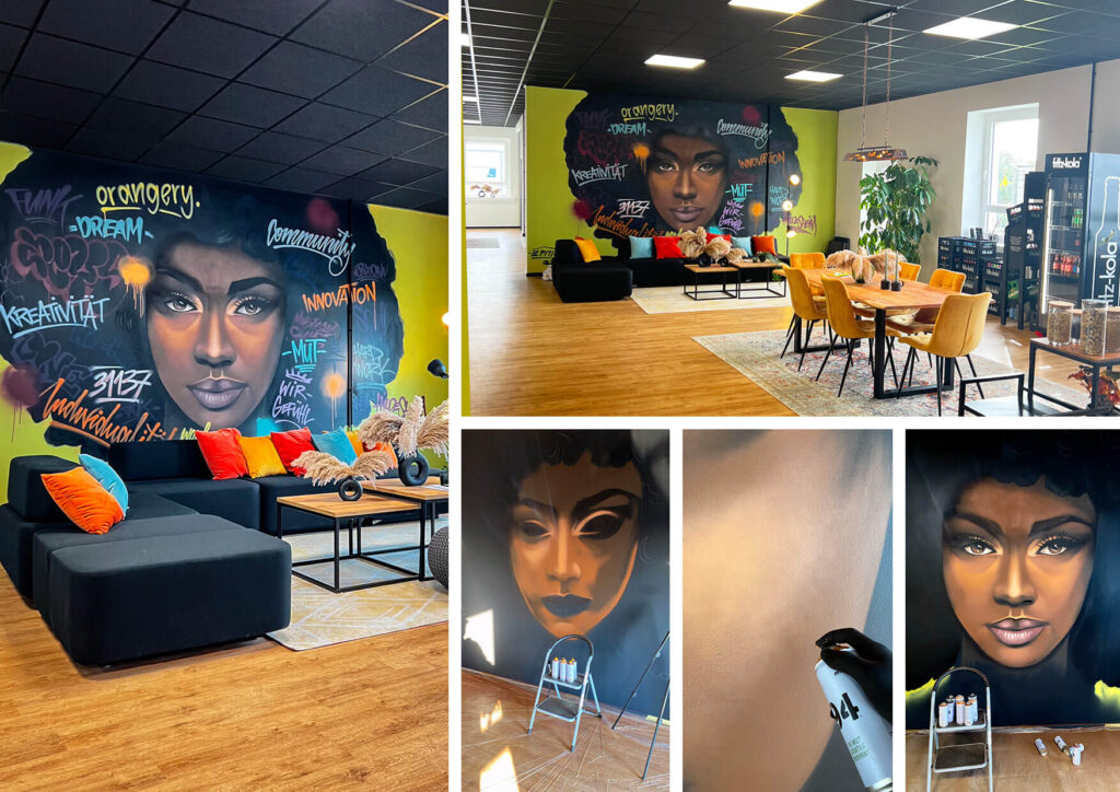 Graffiti Künstler Hannover gestaltet Workspace-Wand in Hildesheim mit Tags, Sprechblasen und urbaner Atmosphäre